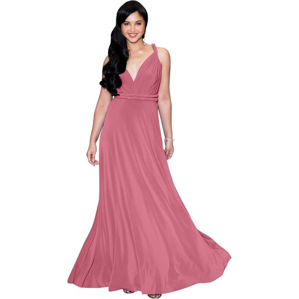 Women’s Rose Pink Maxi Dress One Shoulder Wrap Evening Gown Stretch